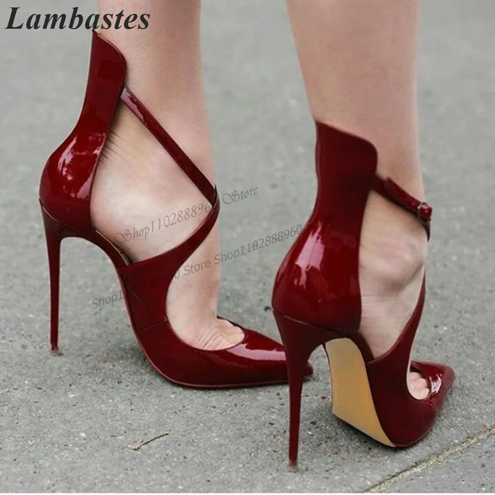 

Red Glossy Leather Cross Band Pumps Stilettos High Heel Shoes For Women Ankle Buckle Strap Sexy Casual GorgeousWomen Pumps