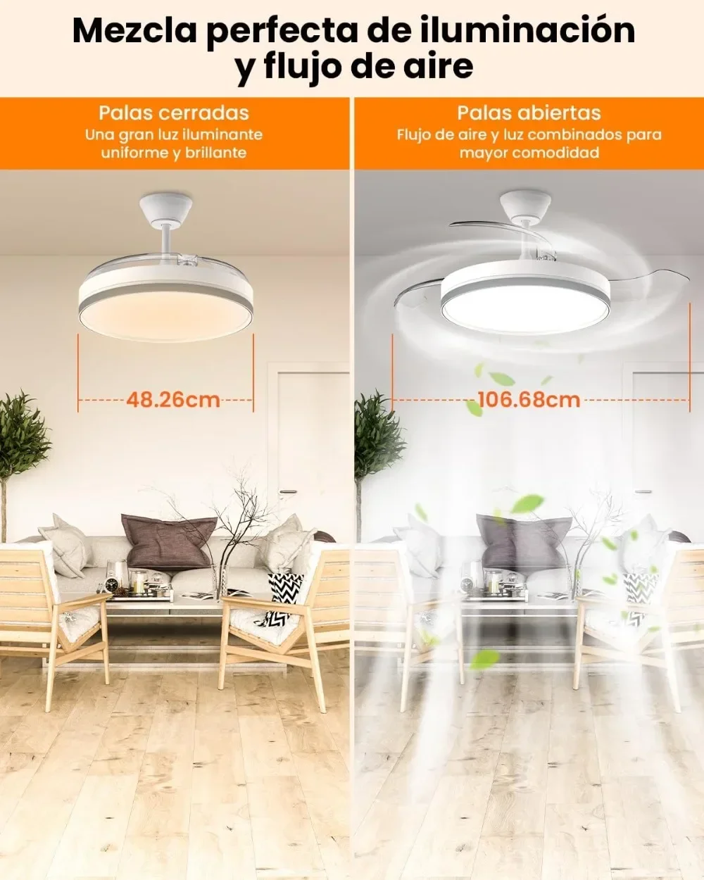 106 سنتيمتر Ventilador de Techo con Luz Aspas Retráctiles ، 69 واط لامبارا Ventilador Techo Silencioso con Mando y DC Motor para Dormitori