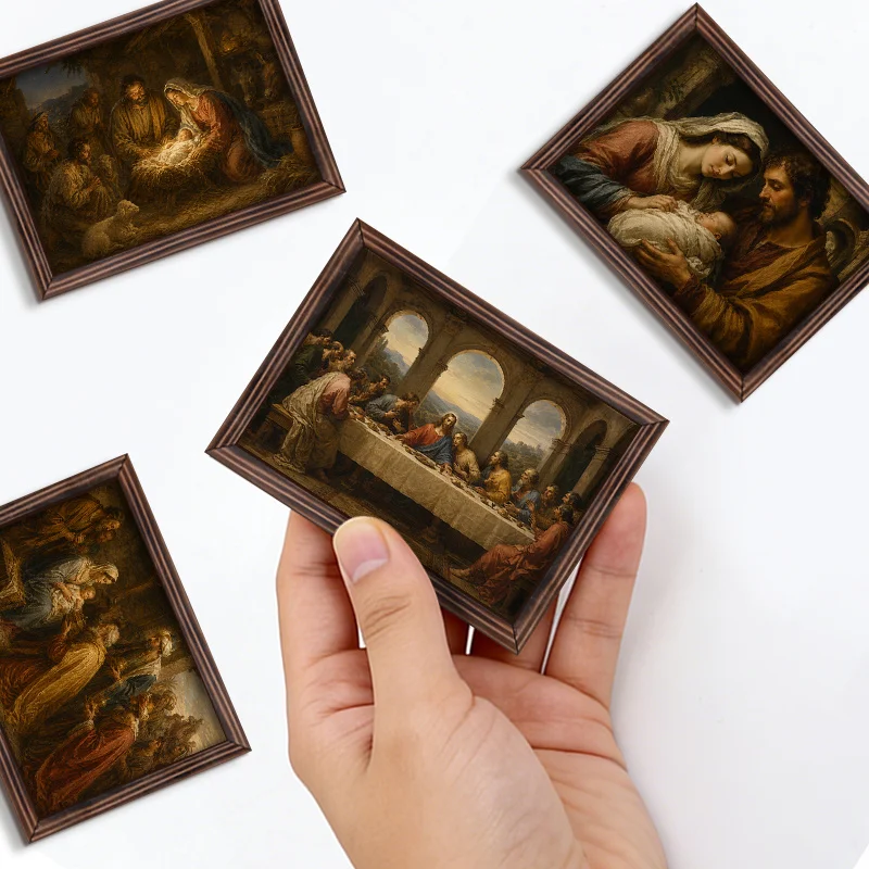 4pcs Classic Christian Religious Fridge Magnets, Mini Wooden Photo Frame Refrigerator Magnets, The Last Supper, Birth of Jesus