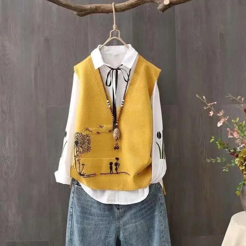 

Художественный вязаный свитер, жилет, женский модный топ из пряжи с v-образным вырезом и пуговицами, обычная длина, чистый цвет, для поездок на работу