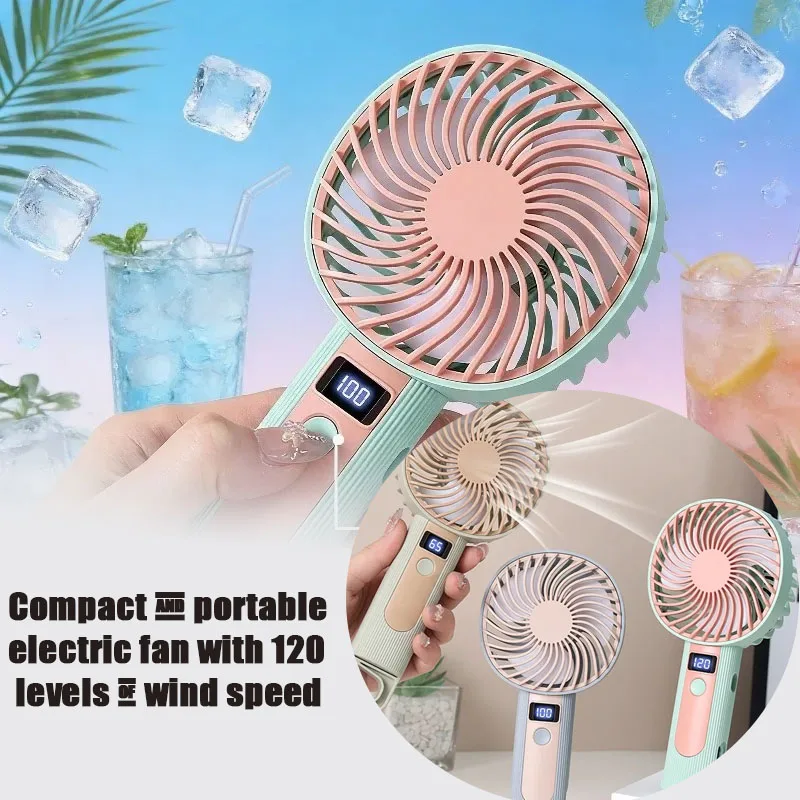 120 Speed Compact Handheld Fan with Digital Display USB Rechargeable 2 in 1 Desk Standing and Hand Grip Portable