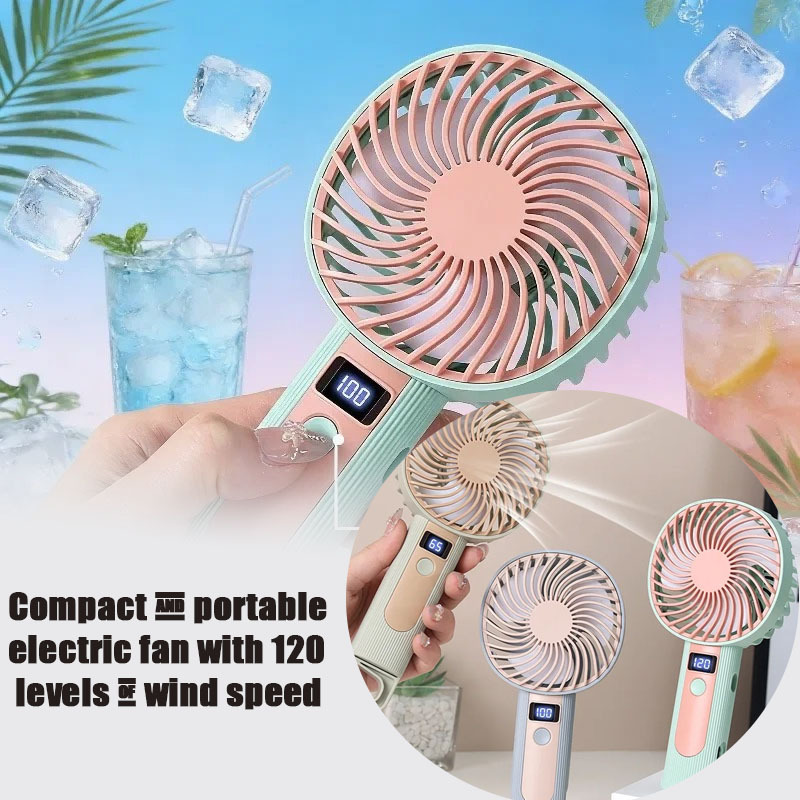  120 Speed Compact Handheld Fan with Digital Display USB Rechargeable 2 in 1 Desk Standing and Hand Grip Portable 