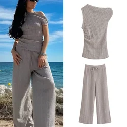 TRAF women's knitted asymmetrical top elastic waist straight wide-leg pants suit sleeveless slim vest women's suit casual 2024