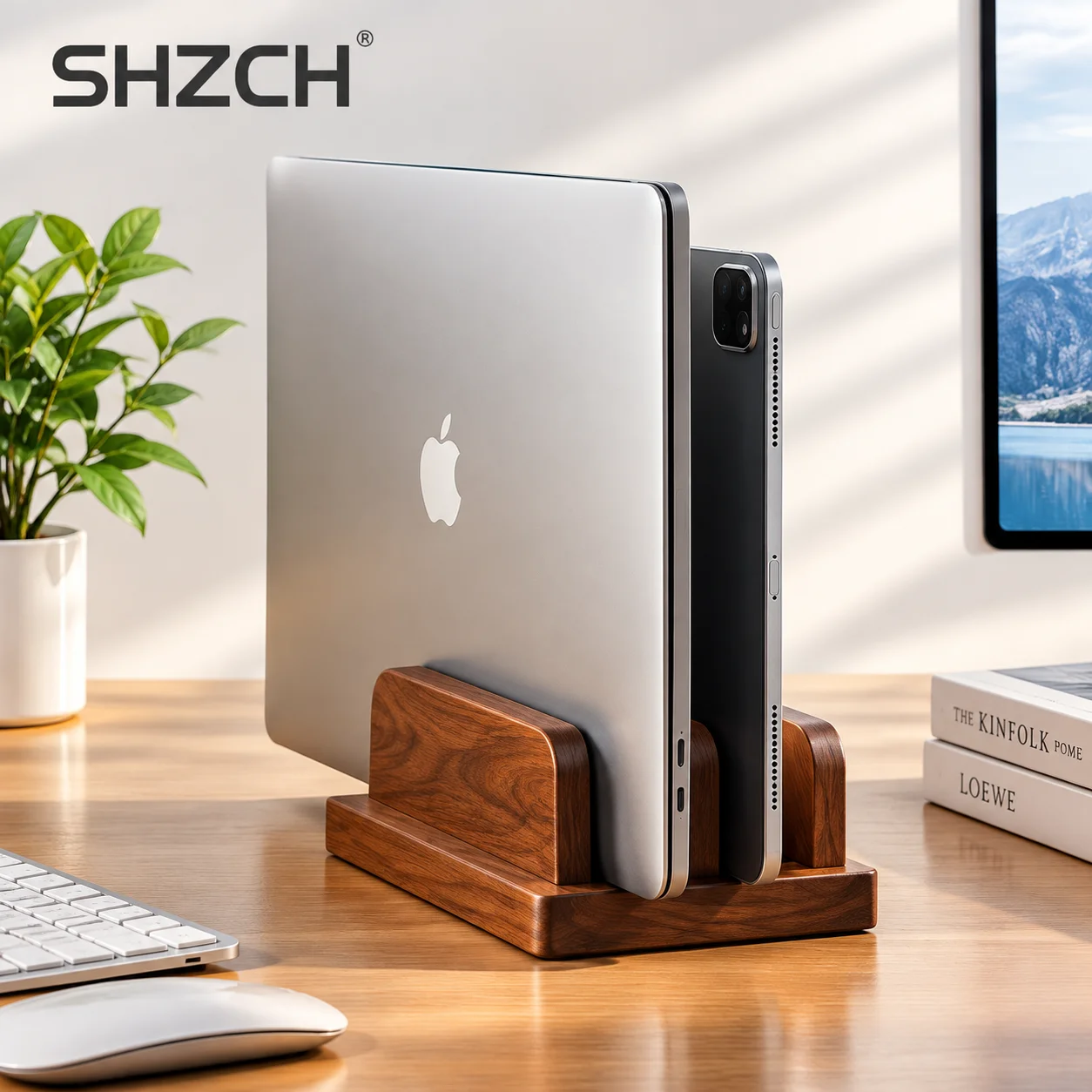 Vertical Laptop Stand - แท่นวางแล็ปท็อปทำจากไม้เนื้อแข็ง ปรับระดับได้ ใช้จัดเก็บแล็ปท็อปและไอแพด ช่วยระบายความร้อน และมีชั้นวางสำหรับเก็บของ