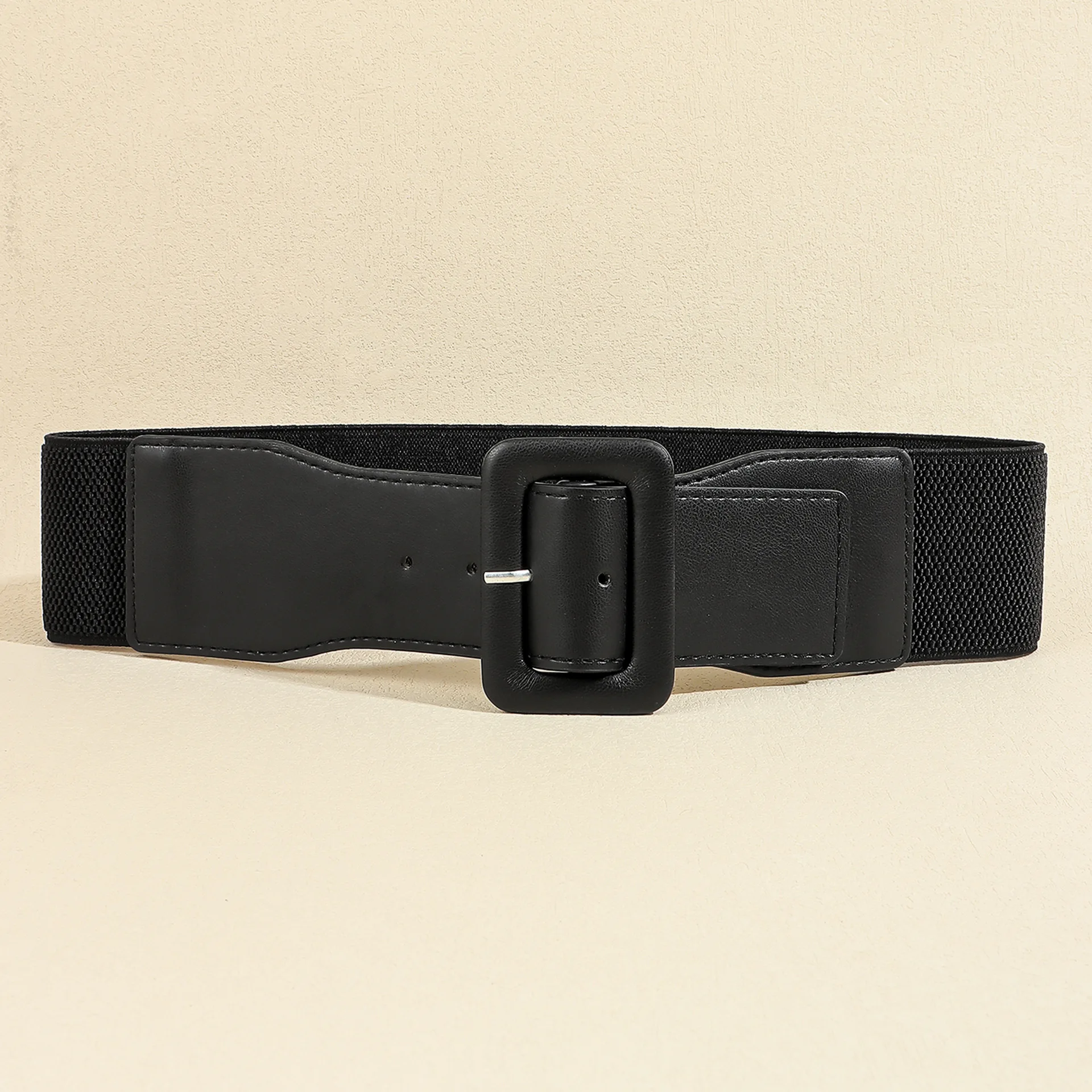2025 PU Leather New Women Belt Waist Seal Design Black Stretch Fashionable Wide Elastic Elegant Cross Border Geometric Dress