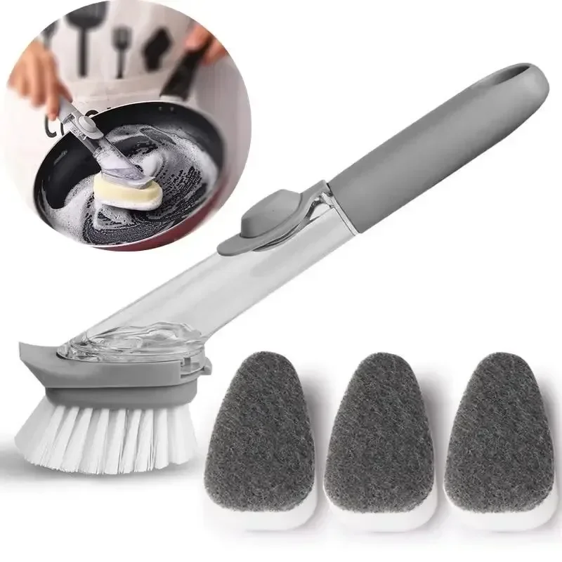 Refillable Liquid Cleaning Brush, Kitchen Bowl Scrubber, Cleaning Sponge, Long Handle Dispenser, Dish Soap Washing Tool