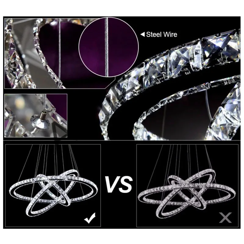 Modern Pendant Lamp High-grade light  65W LED lustres K9 Crystal Chandelier Diamond 3 Circles  Ring Stainless steel