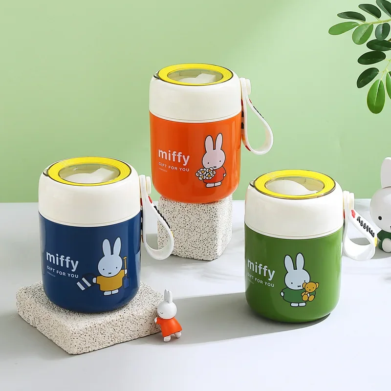 Kawaii Miffy 450 ml isolierter Suppenbecher aus Edelstahl, tragbarer Milch-Frühstückstasse, niedlicher handlicher Outdoor-Becher, Weihnachtsspielzeug, Geschenk
