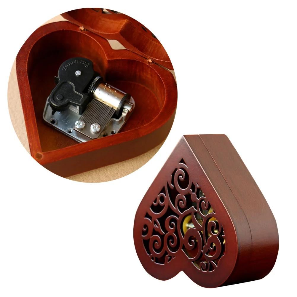 

1pc Heart Shaped Music Box Vintage Wood Wind Up Melody Box For Birthday Wedding Anniversary Christmas Gift Silver Movement