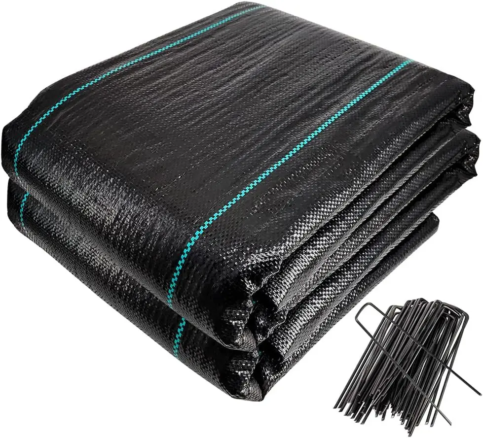 Malla Antihierbas con 50 Clavijas de Jardín, Tela Geotextil para Control de Maleza, 2 m x 25 m, 100 g/m2, Resistente a la