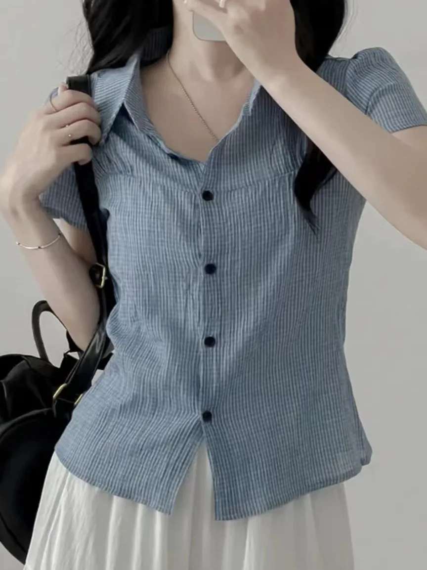 سترة نسائية كورية Sle عتيقة منقوشة بقصة ضيقة وزر واحد مفتوح سترة Faionable ort Sve irt صيف 2025 #1