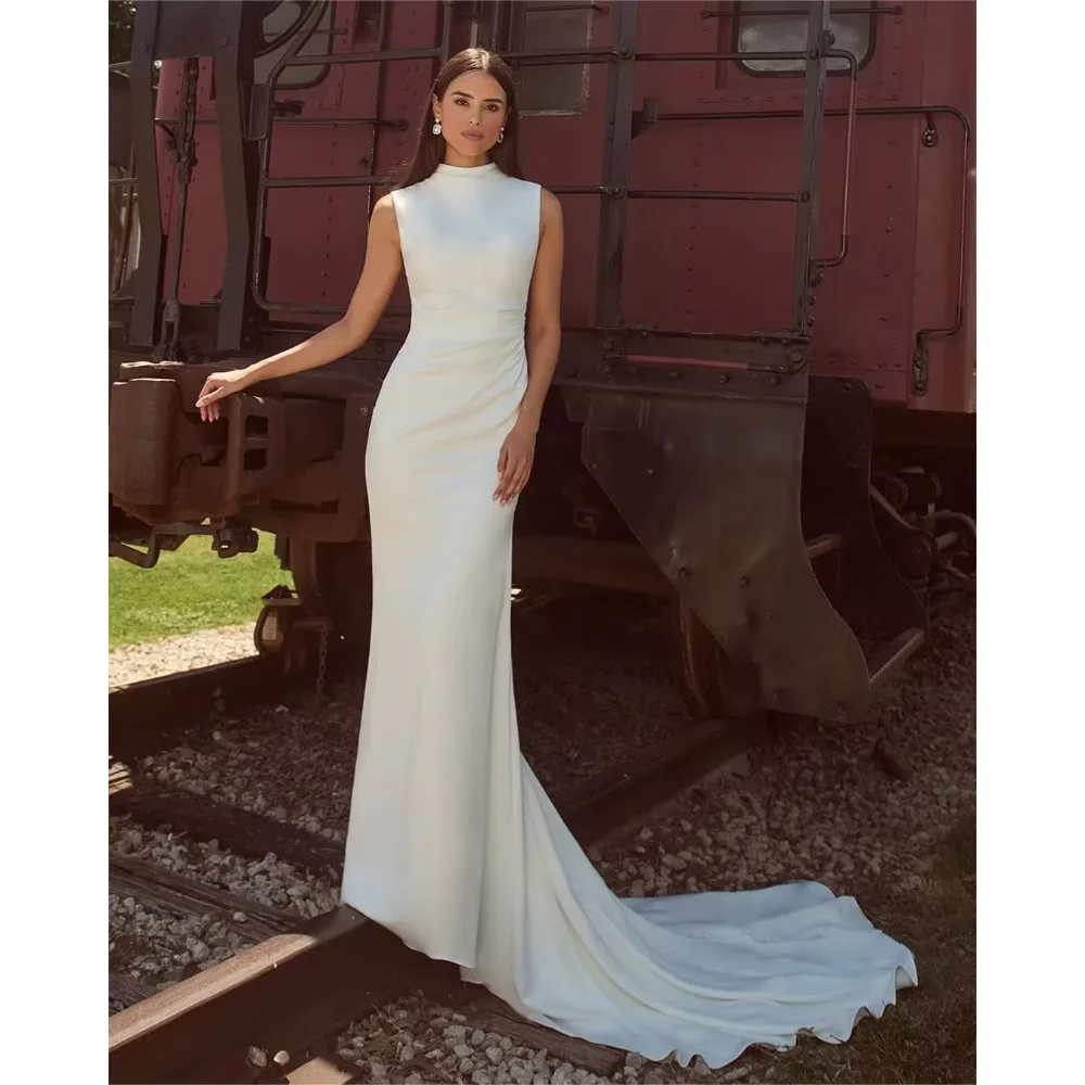 Customized Crepe Wedding Dresses For Bride Scoop O-Neck Pleat High Quality Elegant White Bridal Cheap for Floor-Length Simple