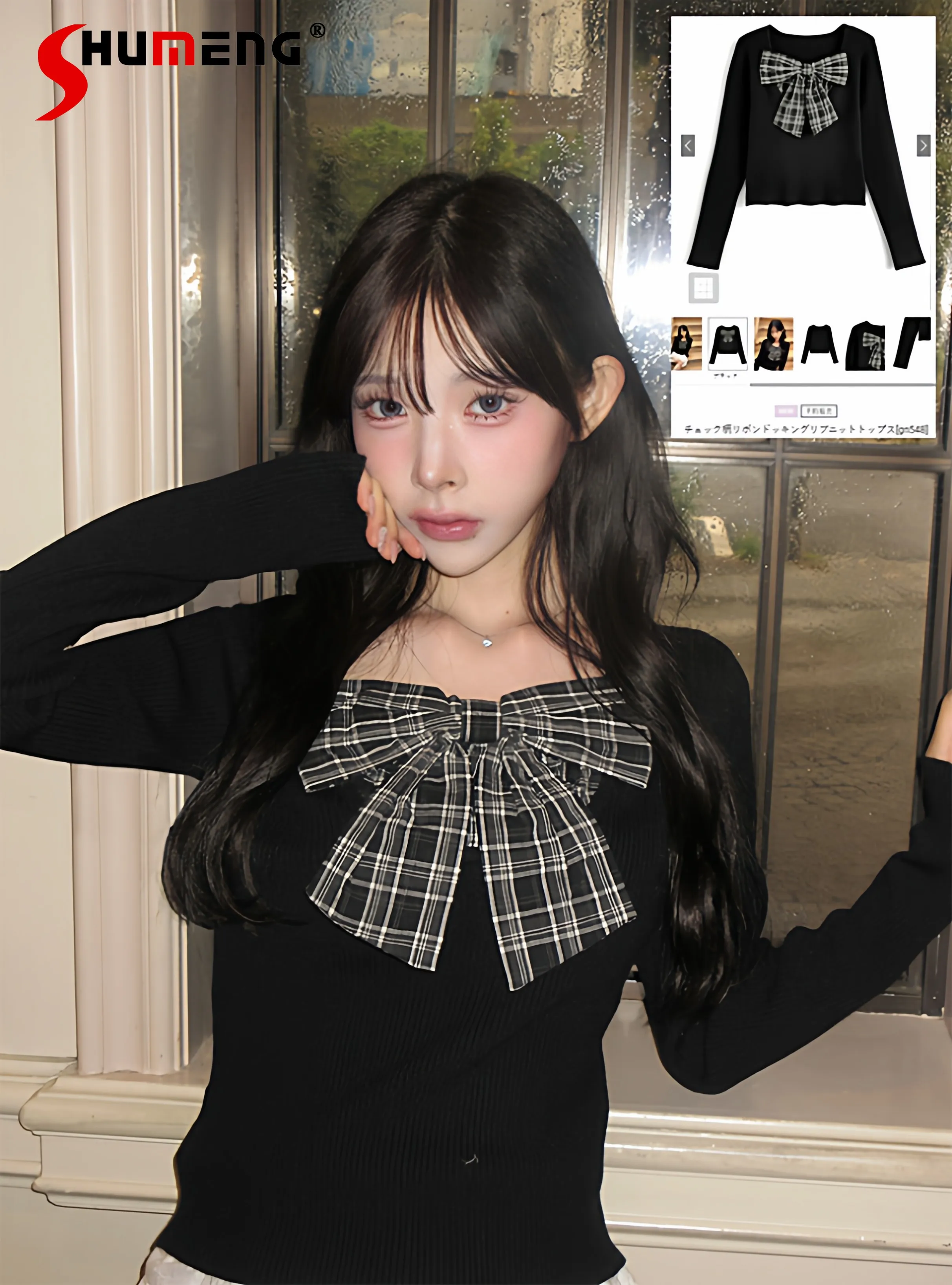 

Japanese Mines Style Elegant Sweet Plaid Bow Round Neck Long Sleeve Slim Fit Short Knitted Pullovers Tops for Women Spring 2026