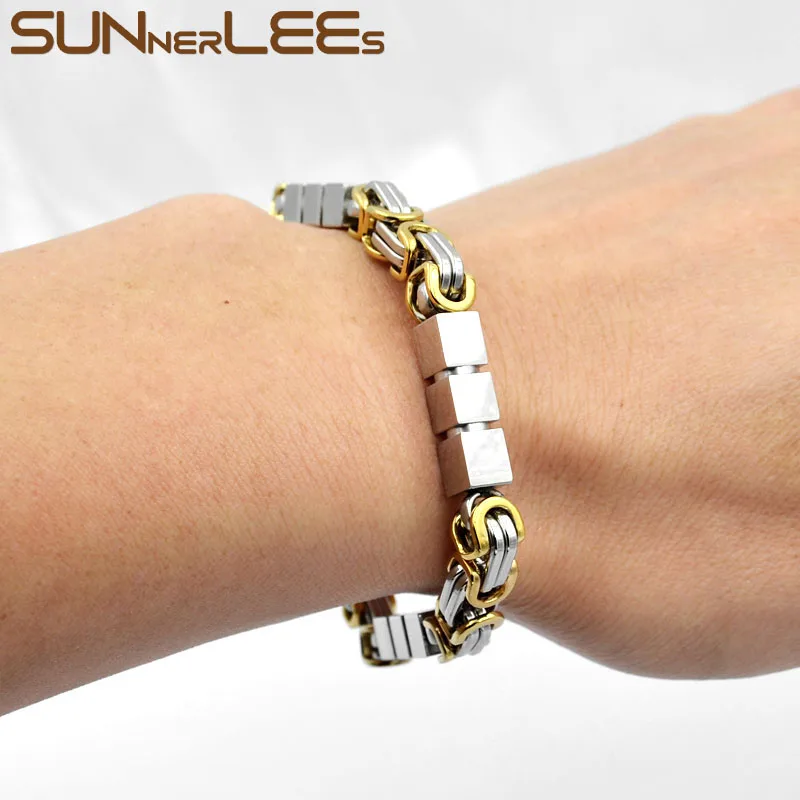 SUNNERLEES 316L Stainless Steel Necklace Bracelet Set 7mm Geometric Byzantine Link Chain Silver Color Gold Plated Unisex SC187 S