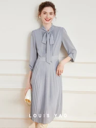 LOUIS YAO Women Dress 2024 Spring / Summer Dress Elegant Ribbon Pleated Long Dress Casual Long Sleeve V-Neck Knee-length Dress