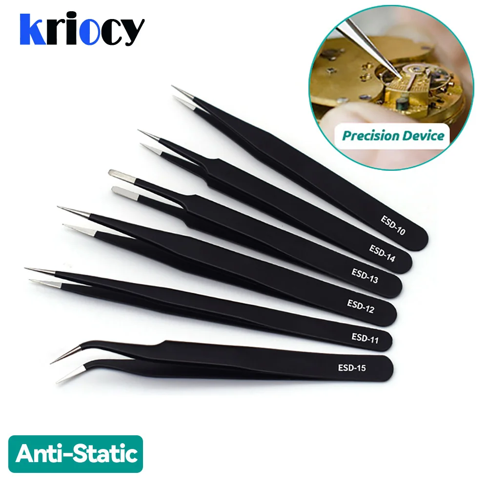 ESD Anti-Static Stainless Steel Tweezers Precision Maintenance Industrial Repair Curved Tool Home Working Model Making Hand Tool