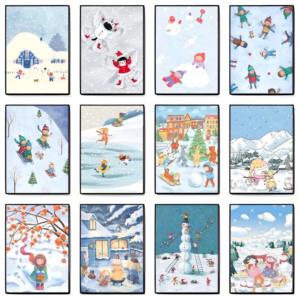 Innocent Joyful C-Children Playing In The Snow Poster Self-adhesive Art Waterproof Sticker Coffee House Dorm Room Wall Decor