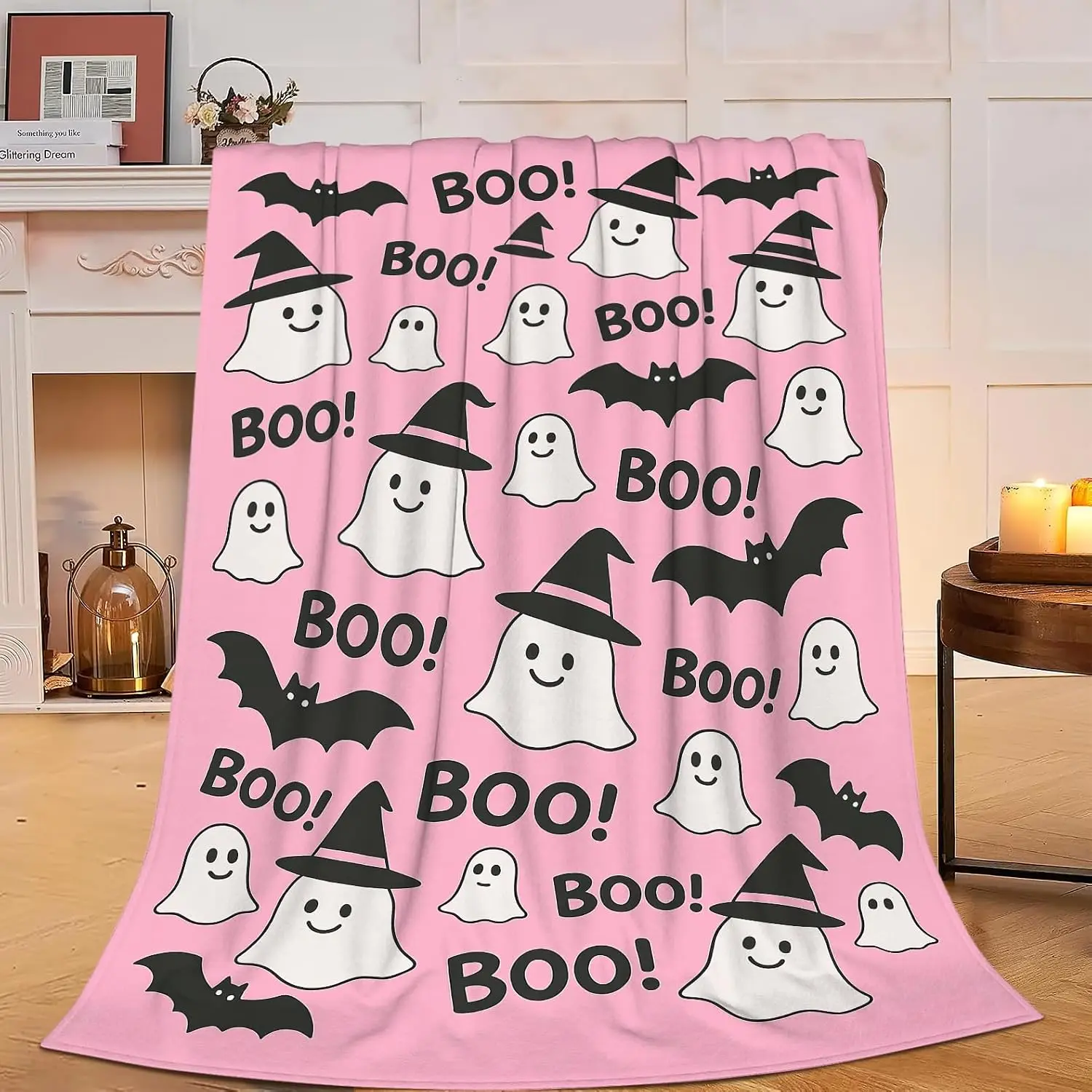 Halloween Pink Throw Blanket Cute Ghost Bat Blanket Soft Cozy Fleece Fuzzy Plush Warm Stuff Bedding Blankets for Women Girls Kids Adult Men 40