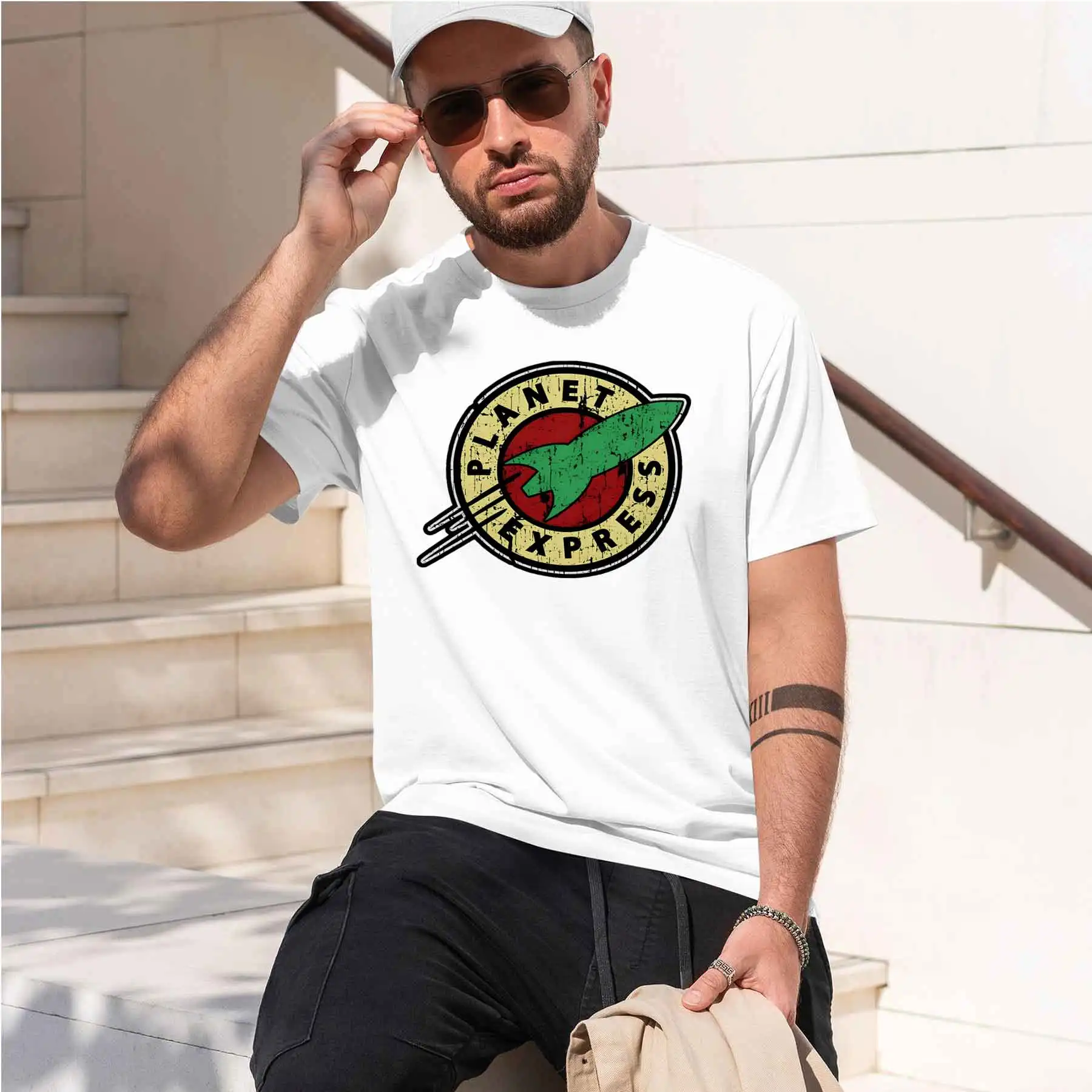 new printed T-shirt printed with  Men's Vintage Planet Express Spaceship Print T-ShirtAnime Casual Crew Neck Top