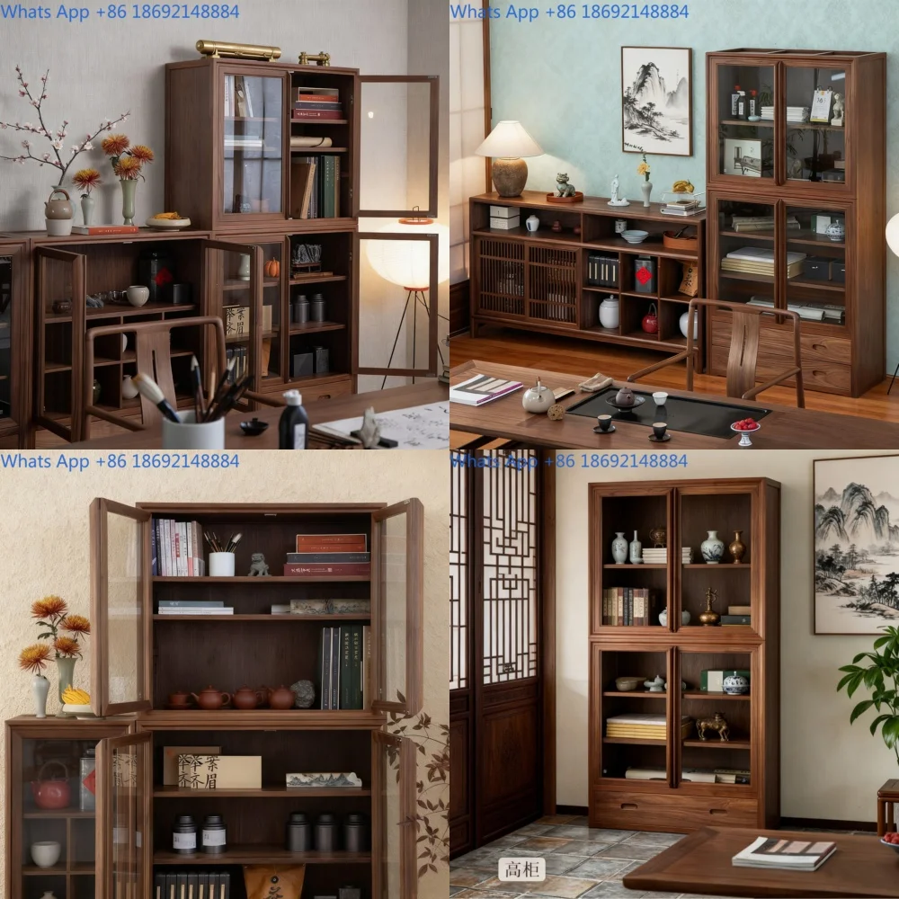 

Wall to wall glass door floor standing living room bookcase solid wood storage display cabinet