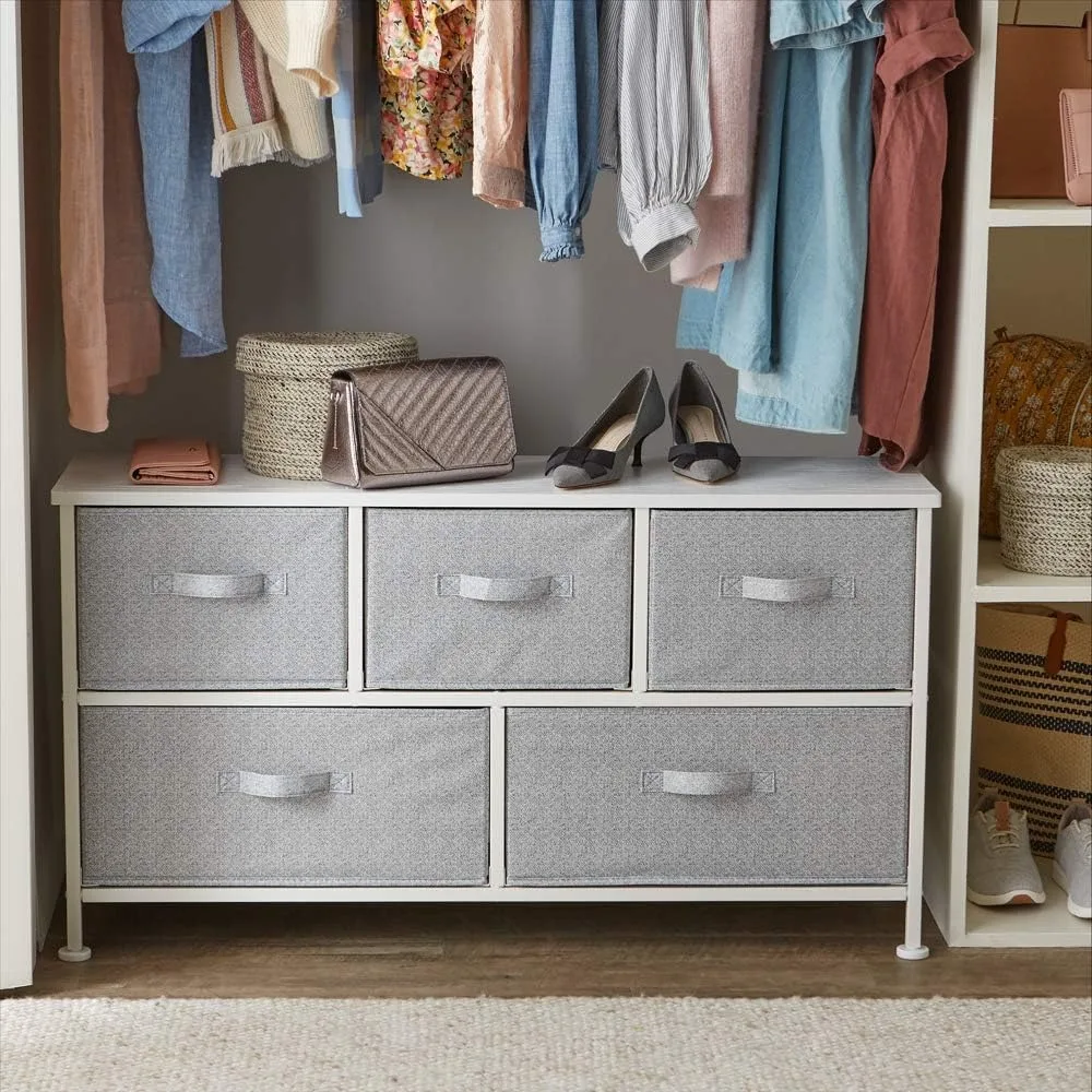 

Extra Wide Sturdy Fabric 5-Drawer Storage Organizer Unit for Closet, White,Lightweight, extra wide, removable fabric drawers