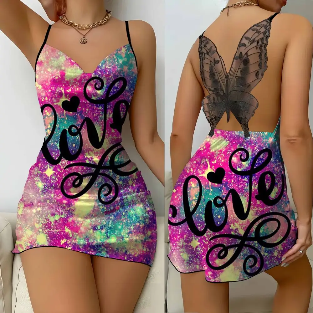 Mini vestido apertado com letra de amor 3D feminino, vestido de festa com rosto de seda feminino sem costas, decoração de borboletas, sexy, Lazybones, 2022