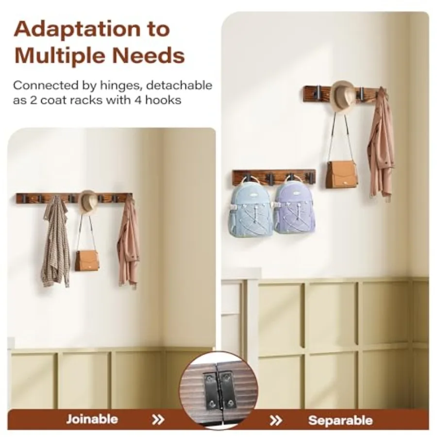 Настенная вешалка для одежды 32,3 в деревенском стиле с 8 черными металлическими сверхпрочными Т-образными крючками для прихожей, гостиной, ванной комнаты, прочный P