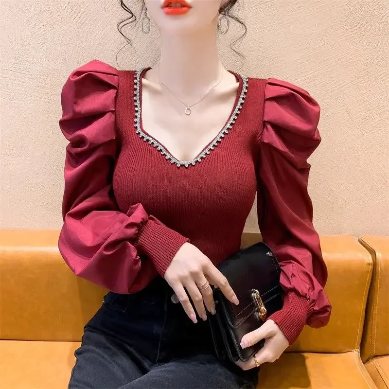 

Sexy V-Neck Slim Blouse Puff Sleeve Female Clothing Knitted Patchwork Spring Autumn Solid Color Commute All-match Shirt F203