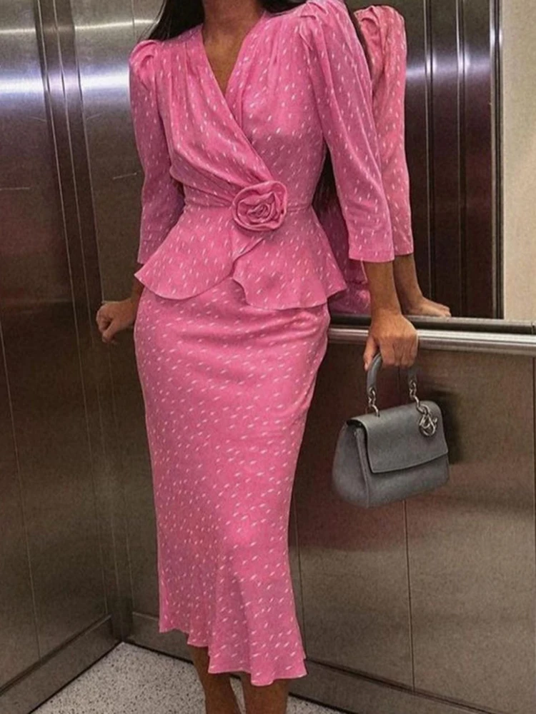 

Fantoye Элегантный комплект женской юбки с 3D цветочным принтом и v-образным вырезом, длинным рукавом, шнуровкой и оборками, топ с высокой талией, длинная юбка, женский вечерний наряд