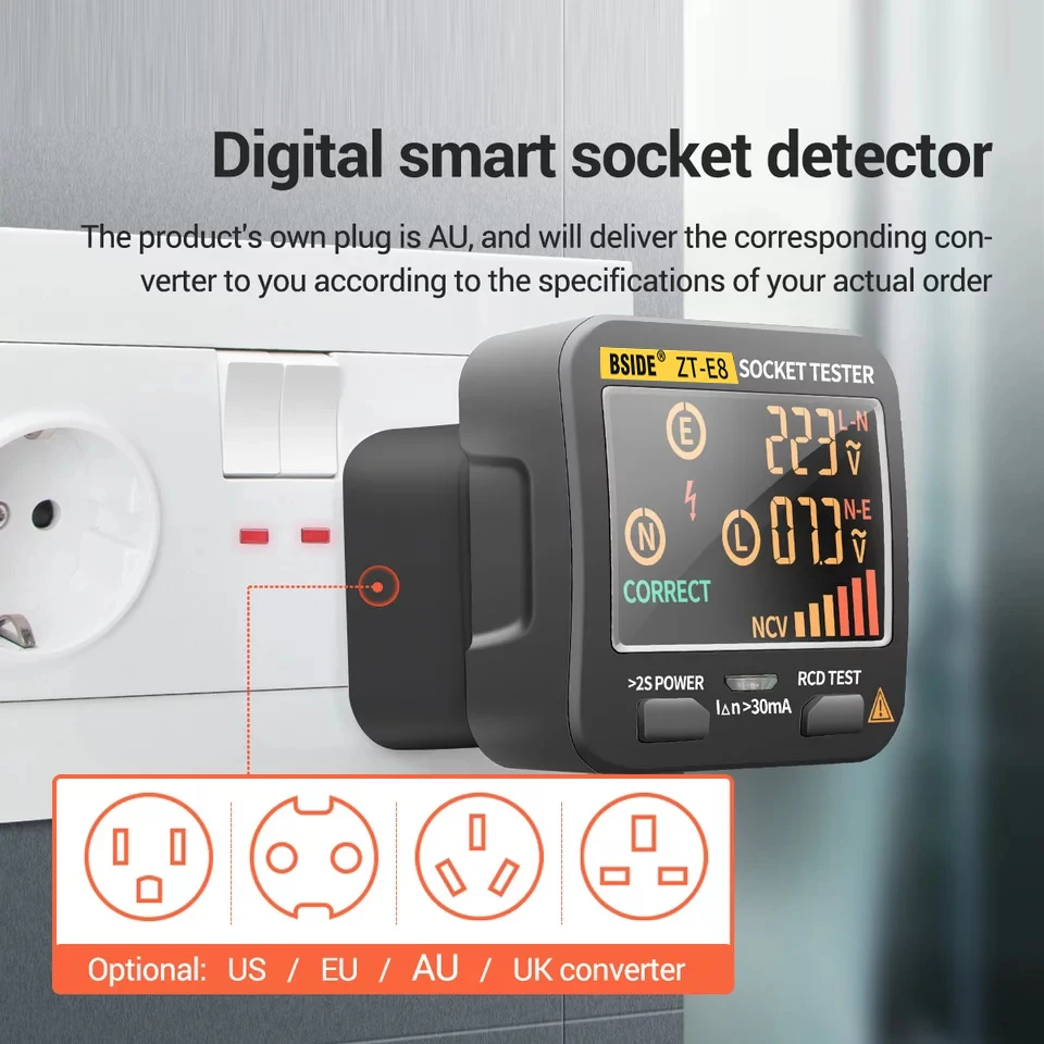 BSIDE Socket Tester Smart Voltage Detector Digital Display Outlet Checker RCD GFCI NCV Live Neuter Wire Test EU US UK Plug Meter