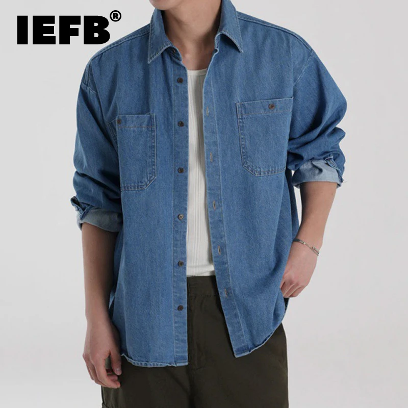 

IEFB Korean Design Men's Denim Shirts Washing Turn-down Collar Long Sleeve Solid Color Pockets Male Tops Autumn Simple 9C6916