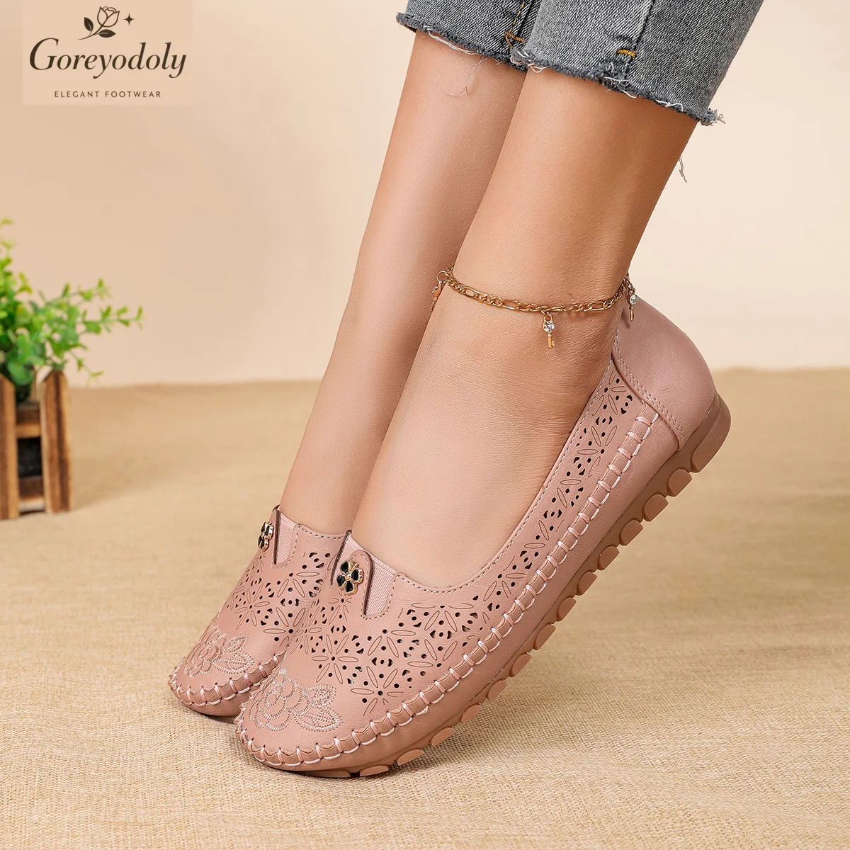 Goreyodoly women loafers floral embroidery hollow design slip on flats breathable lightweight casual walking shoes soft non slip - view 5