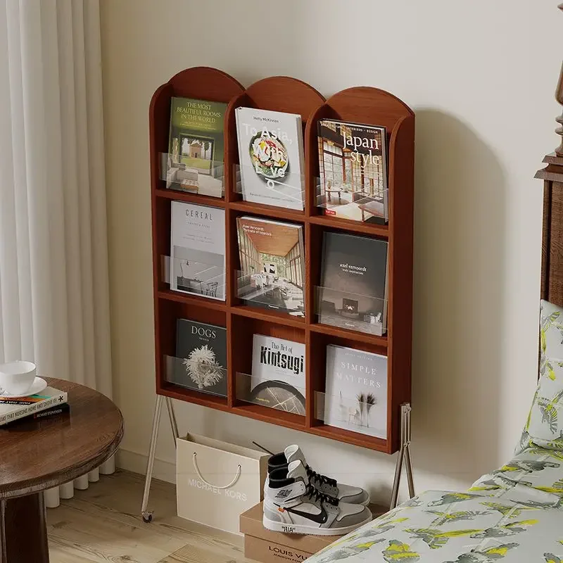 

Solid wood mobile magazine rack Floor-to-ceiling reading display rack American book and newspaper rack Ultra-thin medieval