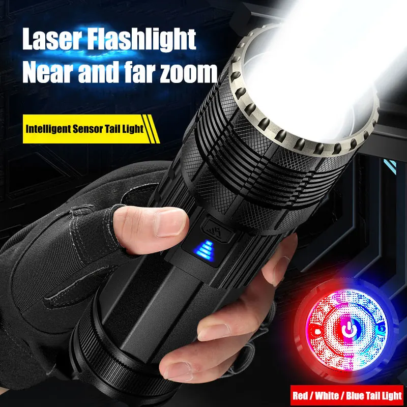 Laser Super Bright 10000 Lumens Tactical Torch Outdoor Long Range Flashlight High Power Telescopic Zoom Emergency Flashlights