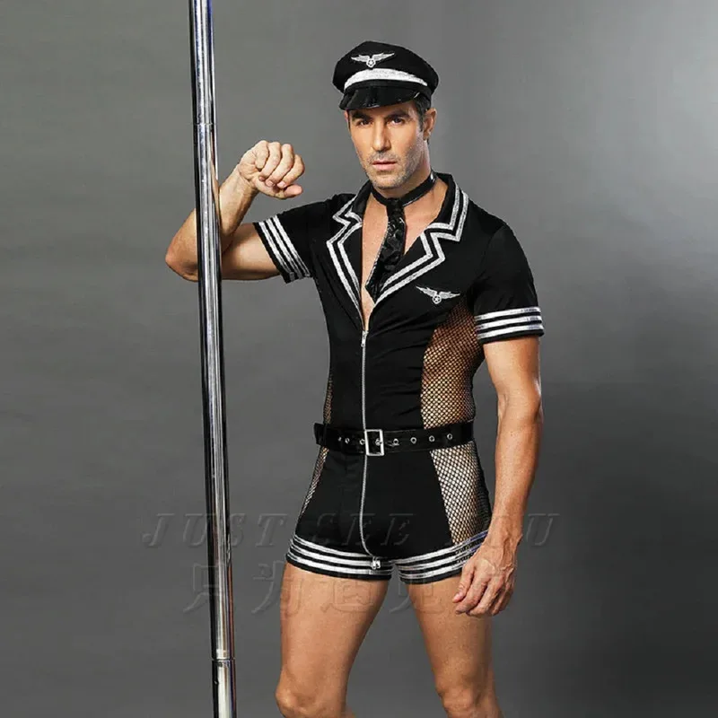 

Mens Sexy Lingerie Set Role Play Pilot Uniform Night Club Cosplay Costume Outfit Black