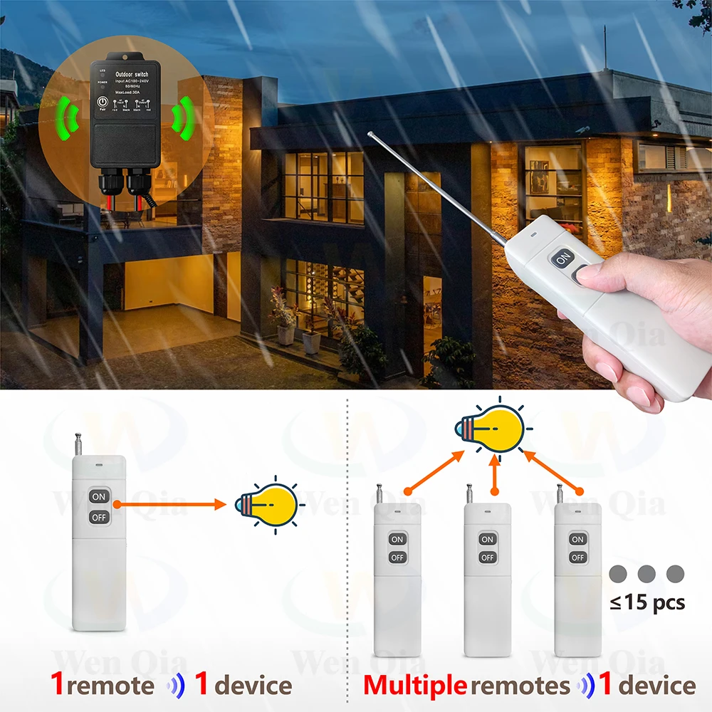 433Mhz 110V 220V 30A Bezprzewodowy przełącznik zdalnego sterowania dużej mocy Zewnętrzny wodoodporny, zasięg sterowania 3000m, do wentylatora