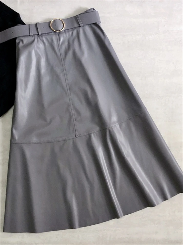 REALEFT 2022 New Autumn Winter PU-leather mi-long Skirt with Belt High Waist Vintage A-line Skirt Chic Mid-calf Umbrella Skirts