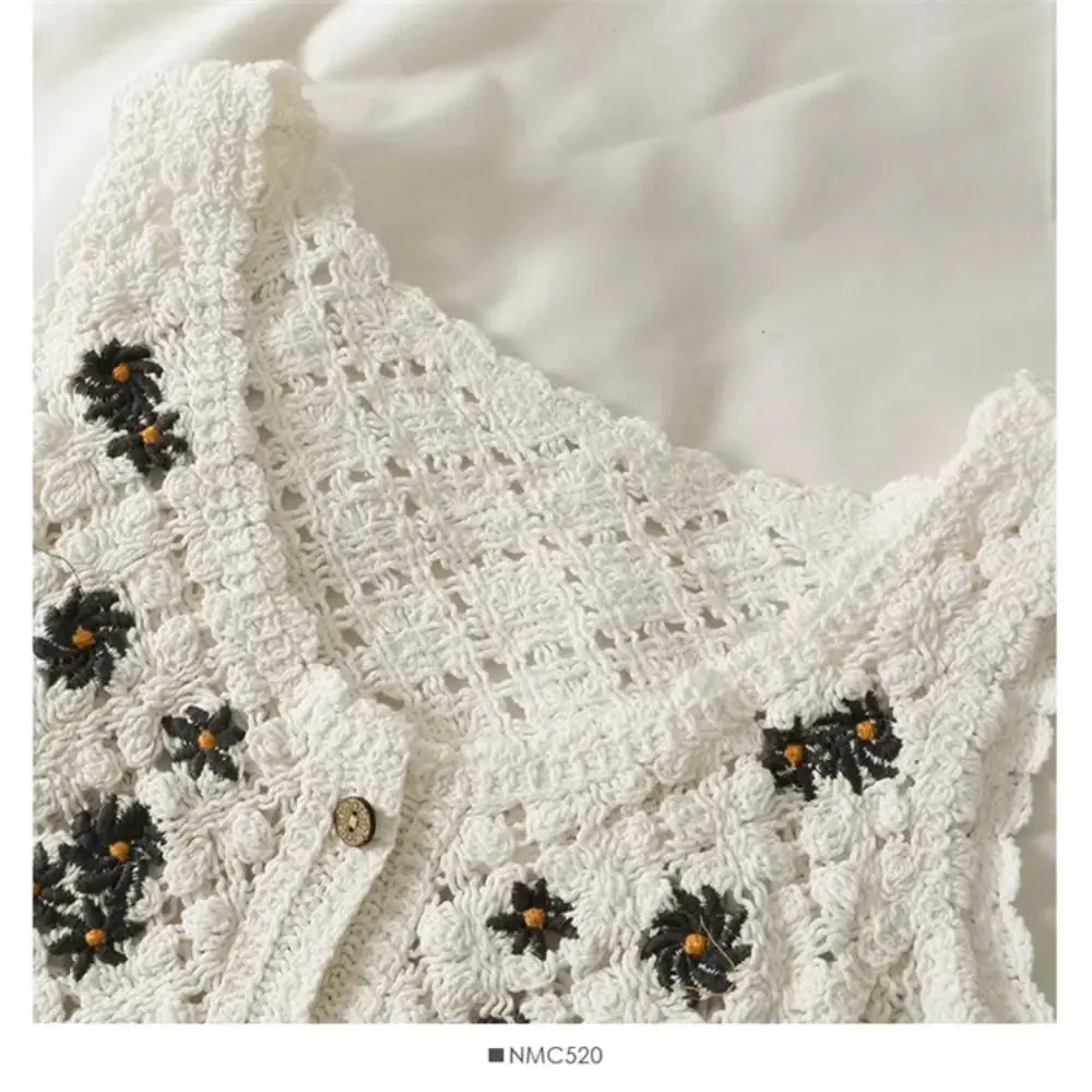 New Women Hollow Sleeveless Suspender Cotton Summer Sweet Crochet Vest Floral Embroidery Beach Front Crop Tops