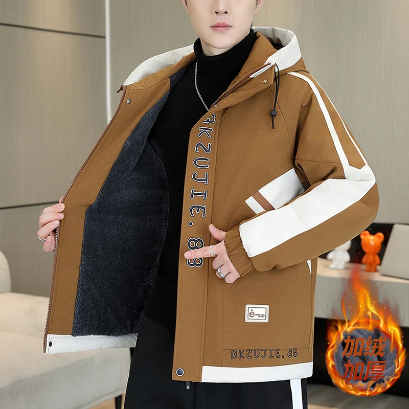 

Новинка 2025, осенне-зимние мужские флисовые куртки с капюшоном, молодежная уличная одежда, повседневные пальто с плюшевой подкладкой, ветрозащитные стеганые топы, одежда