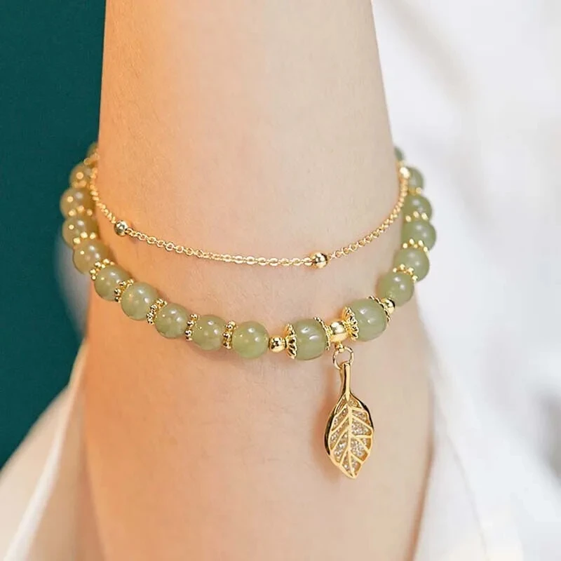 Chinese Style Green Jade Bracelet For Women Exquisite Gold Color Leaves Wrist Strap Bangle Double Chain Bracelet Girls Gifts