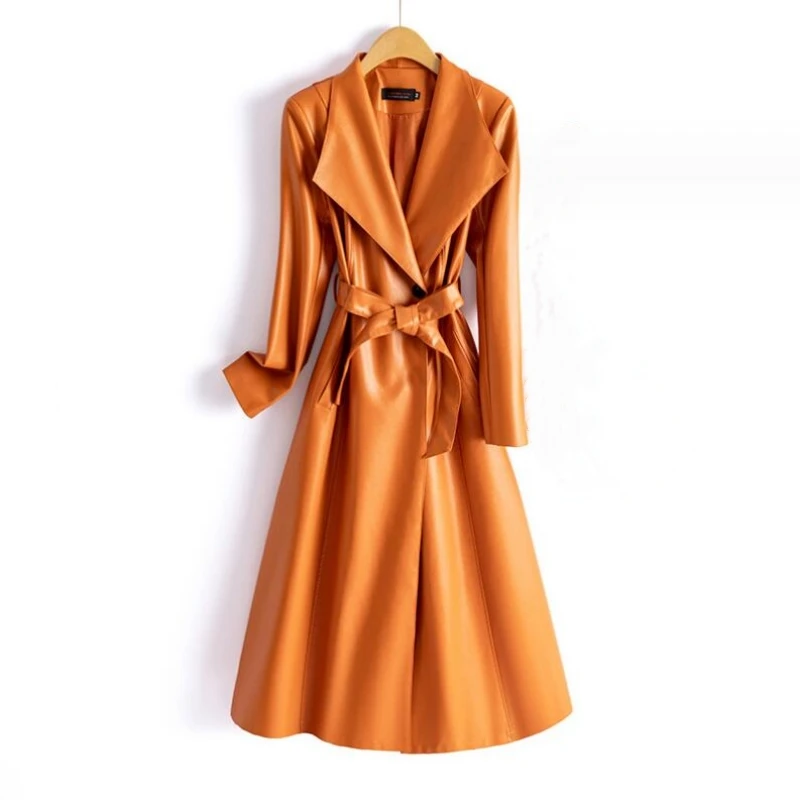 M-5XL Fashion Turn Down Collar Women Long Sleeve Belt Faux Leather Outwear 2023 Fall PU Leather Long Trench Coats