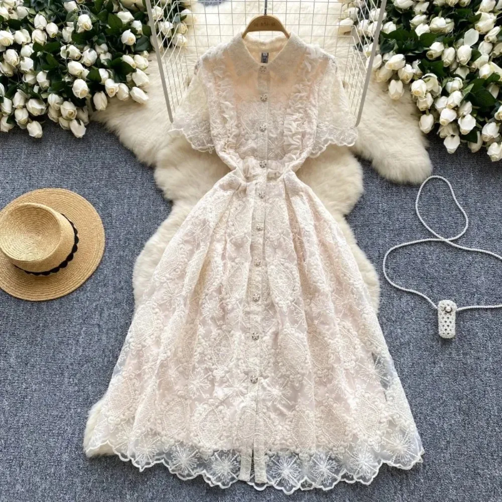

Sexy Lace Embroidery Turn-down Collar Single Breasted Dress French Chic Vintage Party Women Chic Summer Sweet Hotsweet Dresses
