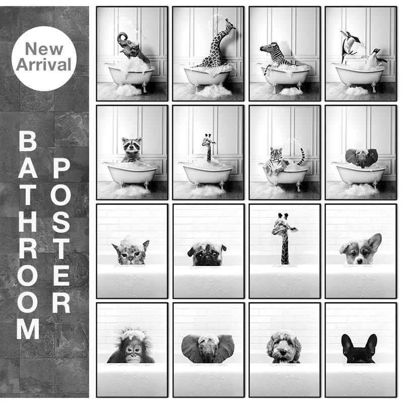 New Arrival Black White Animals In Tub Bathroom Wall Art Canvas Painting Posters and Prints Wall Pictur for Room Decor One Piece