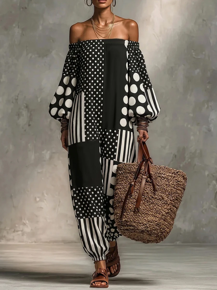 Freeacy 2026 Women Off Shoulder Balloon Sleeve Jumpsuit Patchwork Polka Dot Stripe Print Elastic Cuff Baggy Harem Romper