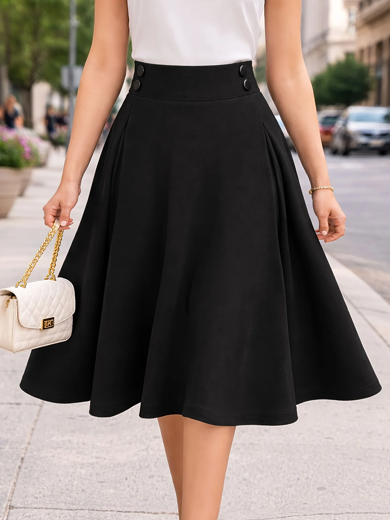 Women Wear to Work Swing Skirts for Women Elastic High Waist Button Front Knee Length Fit And Flare Pleated Skirt