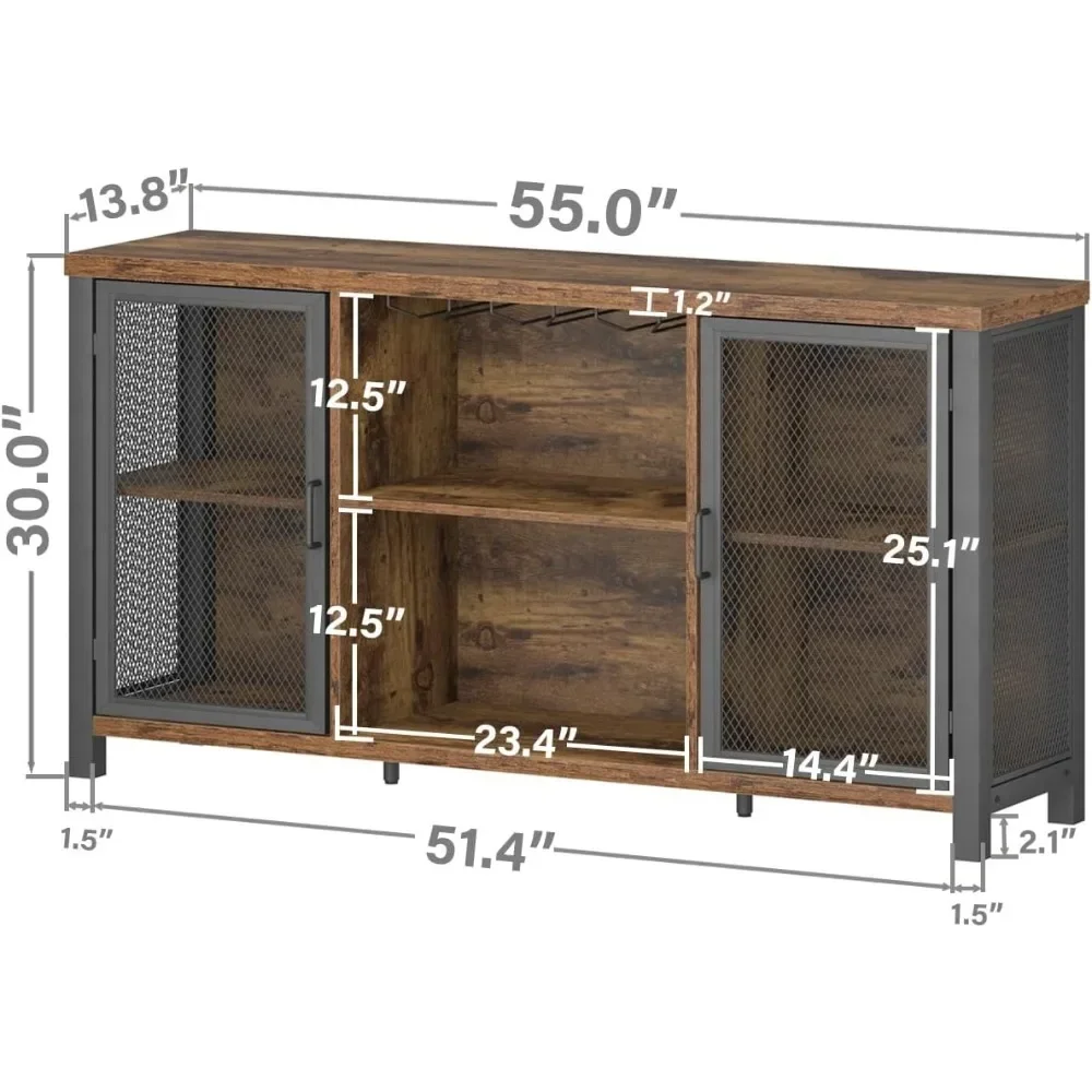 Wine Bar Cabinet for Liquor and Glasses Wood Metal Sideboard Buffet Cabinet for Home Kitchen Dining Rustic Brown 55 Inch Display