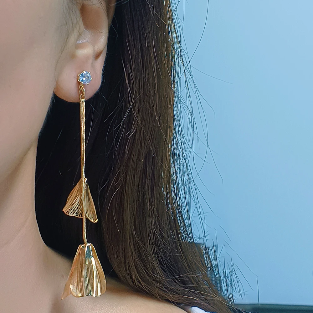 Romantic Flower Petal Long Tassel painless mosquito coil ear clip for Women Trend zircon Hanging stud Earrings Wed Jewelry Gift