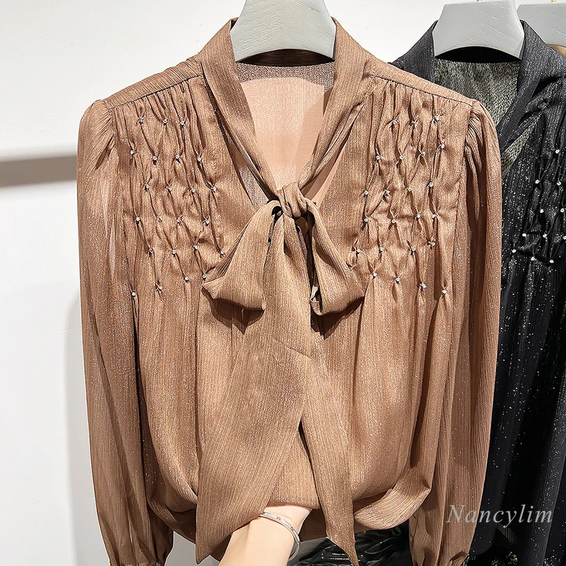 

2024 Autumn New Temperament V-neck Lace-up Pleated Diamond-encrusted Pullover Long-sleeved Chiffon Blouse Women's Top OL Shirt