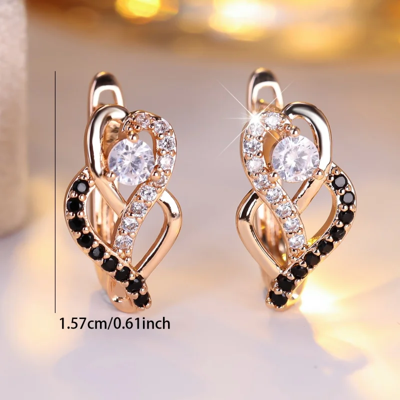 2026 Color Blocked Black and White Zircon Interwoven Heart-shaped Ear Buckle Retro Versatile Hollow Heart Light Luxury Accessory