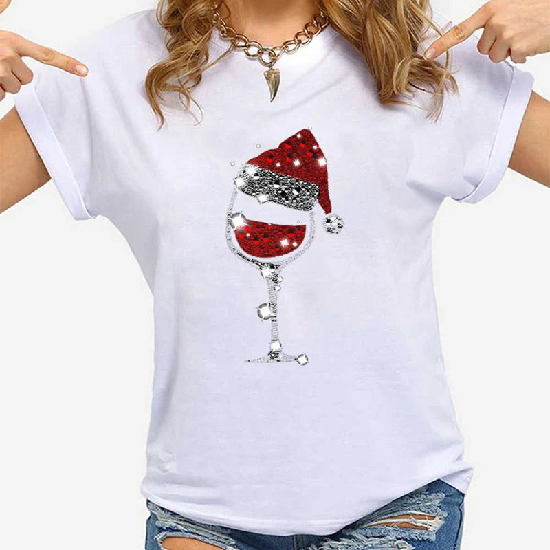 New Christmas Red Wine Glass Print Cozy T Shirt Women's Casual Round Neck Short Sleeved T-Shirt